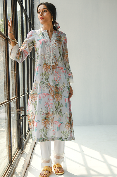 Ridhi Suri Hayat Grey bird  printed kurta with Organza lace Pants - Set of 2
