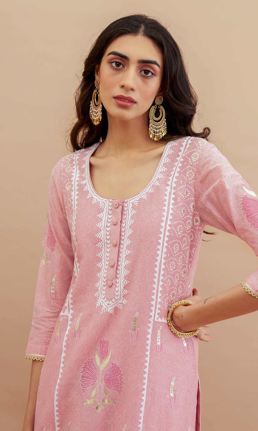 Rumi foils - Dusty Pink block printed kurta with palazzo and dupatta - set of 3