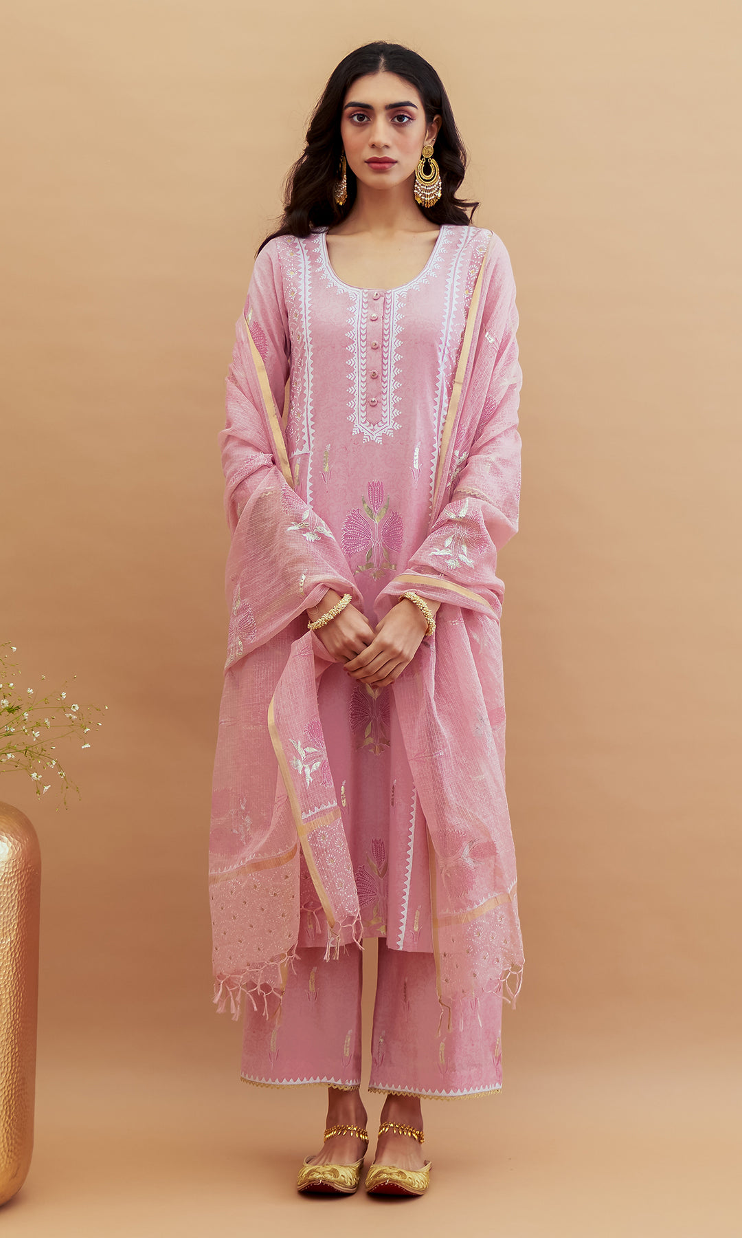 Rumi foils - Dusty Pink block printed kurta with palazzo and dupatta - set of 3