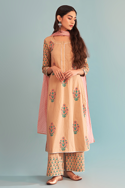 Ridhi Suri Just Cottons Brown straight kurta with palazzo and printed dupatta