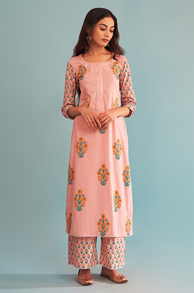 Ridhi Suri Just Cottons Pink straight kurta with palazzo and printed dupatta