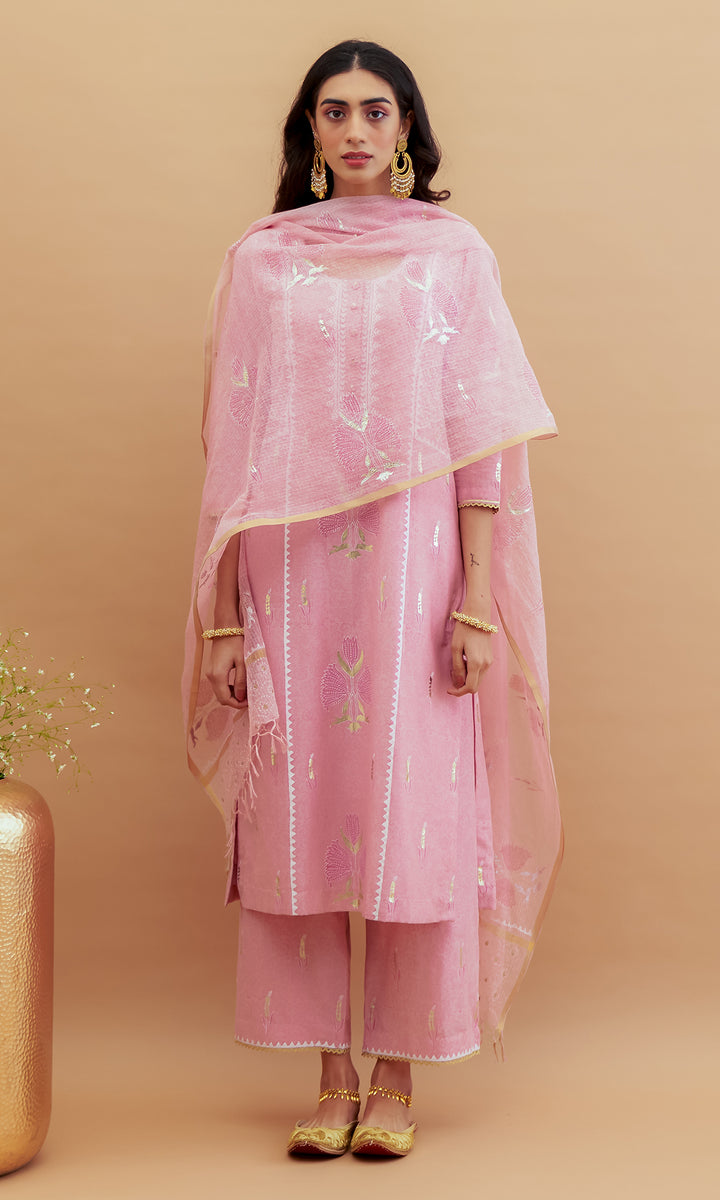Rumi foils - Dusty Pink block printed kurta with palazzo and dupatta - set of 3