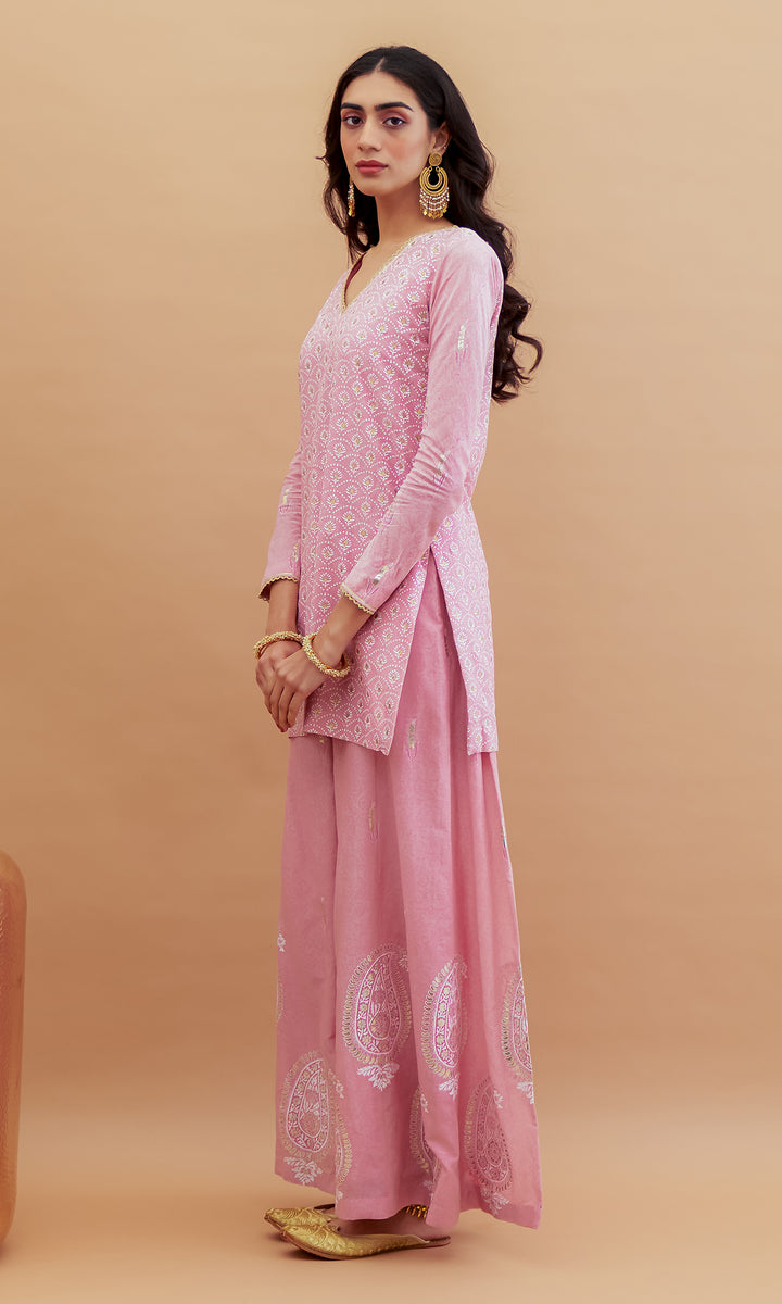 Rumi foils - Dusty Pink block printed kurta with sharara and dupatta - set of 3