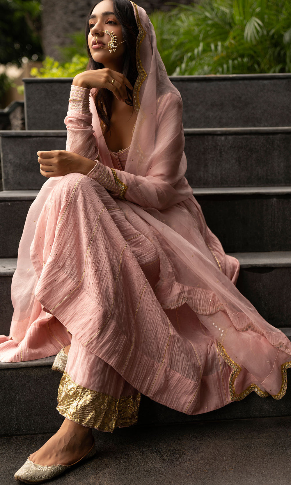 Ridhi Suri Jamaal Soft Pink Mukaish embroidered Anarkali with flared palazzo and Organza Dupatta- Set of 3