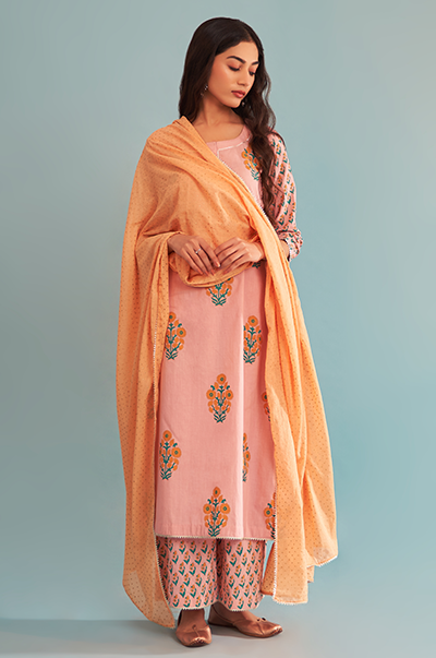 Ridhi Suri Just Cottons Pink straight kurta with palazzo and printed dupatta