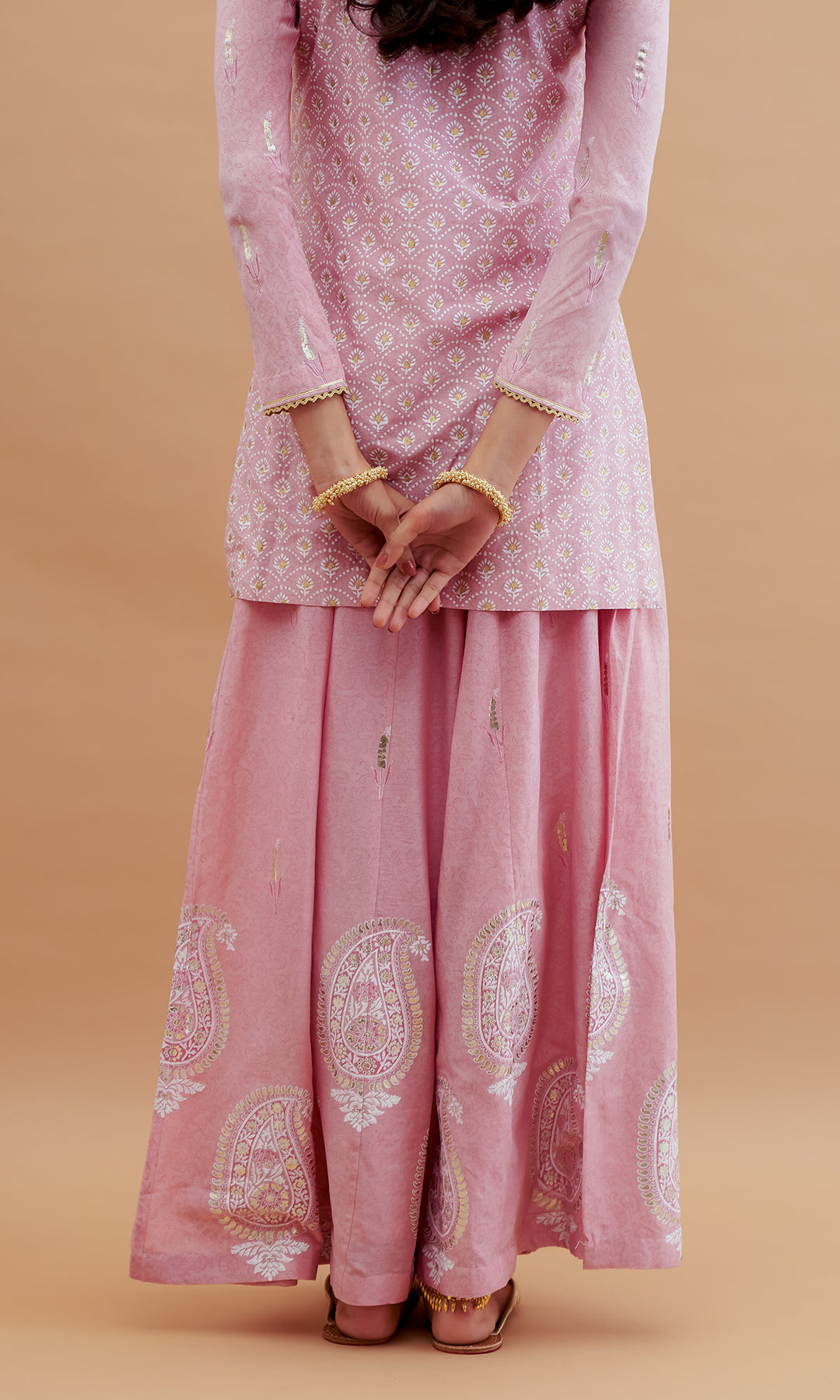 Rumi foils - Dusty Pink block printed kurta with sharara and dupatta - set of 3