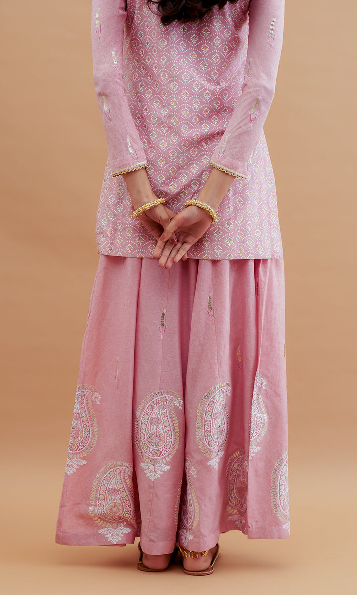Rumi foils - Dusty Pink block printed kurta with sharara and dupatta - set of 3