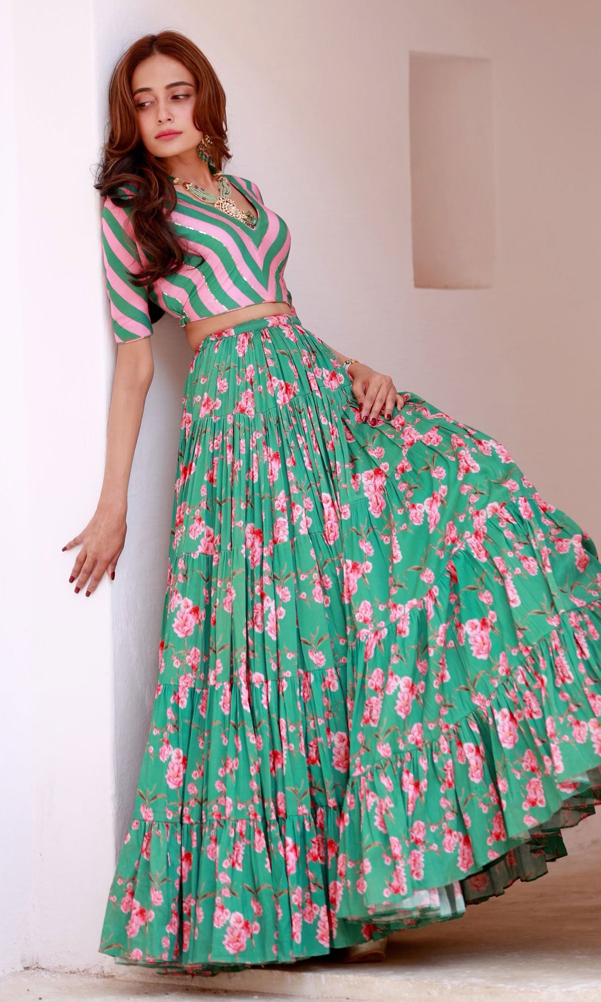 Tina Rathore in Falak Green Floral print Gathered Lehenga with stripe ...