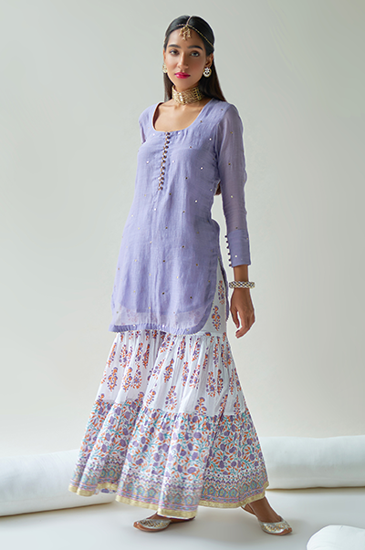 Ridhi Suri Chaand Lilac Kurta with jaal & booti block printed sharara and Dupatta- Set of 3