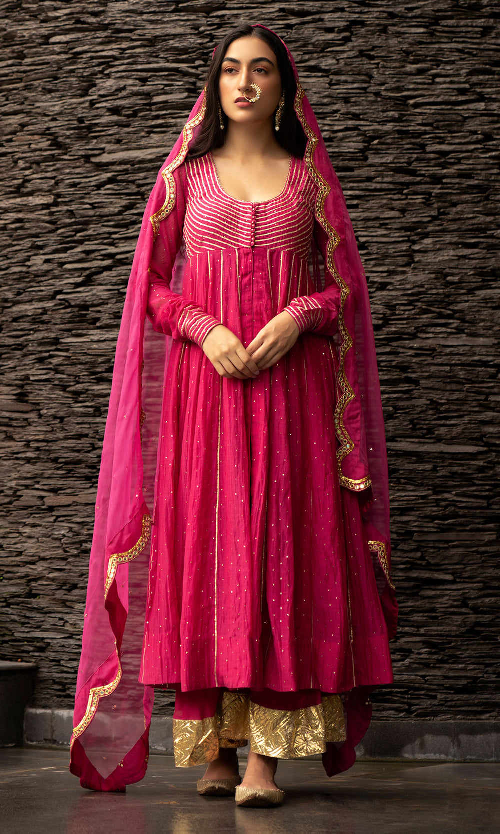 Ridhi Suri Jamaal Rani Pink Mukaish Chanderi Anarkali with Palazzo and Organza Dupatta- Set of 3