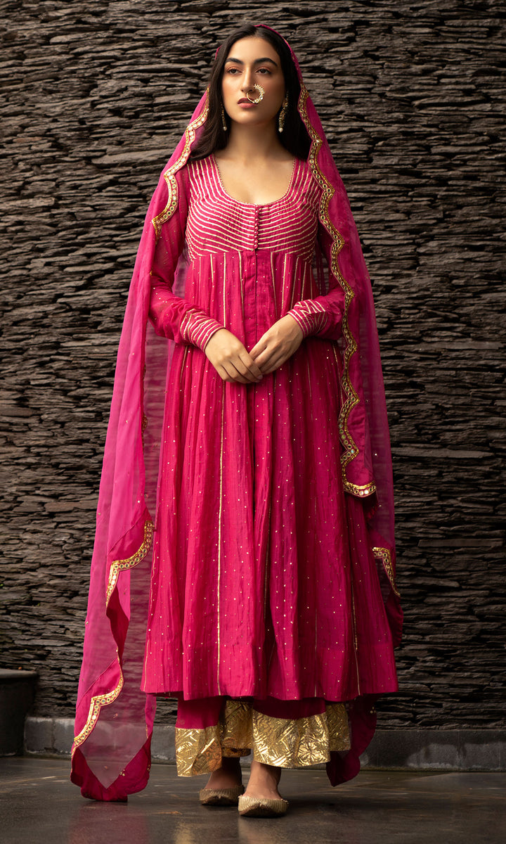 Ridhi Suri Jamaal Rani Pink Mukaish Chanderi Anarkali with Palazzo and Organza Dupatta- Set of 3