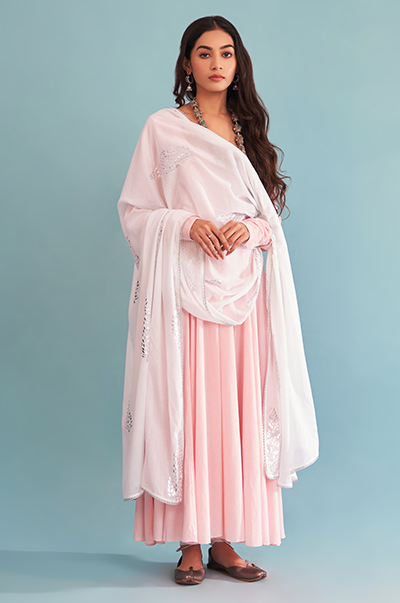 Ridhi Suri Just Cottons Pink anarkali with White foil print dupatta