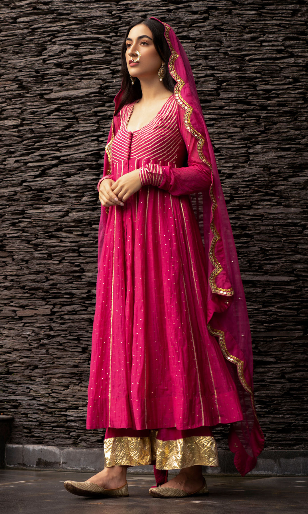 Ridhi Suri Jamaal Rani Pink Mukaish Chanderi Anarkali with Palazzo and Organza Dupatta- Set of 3