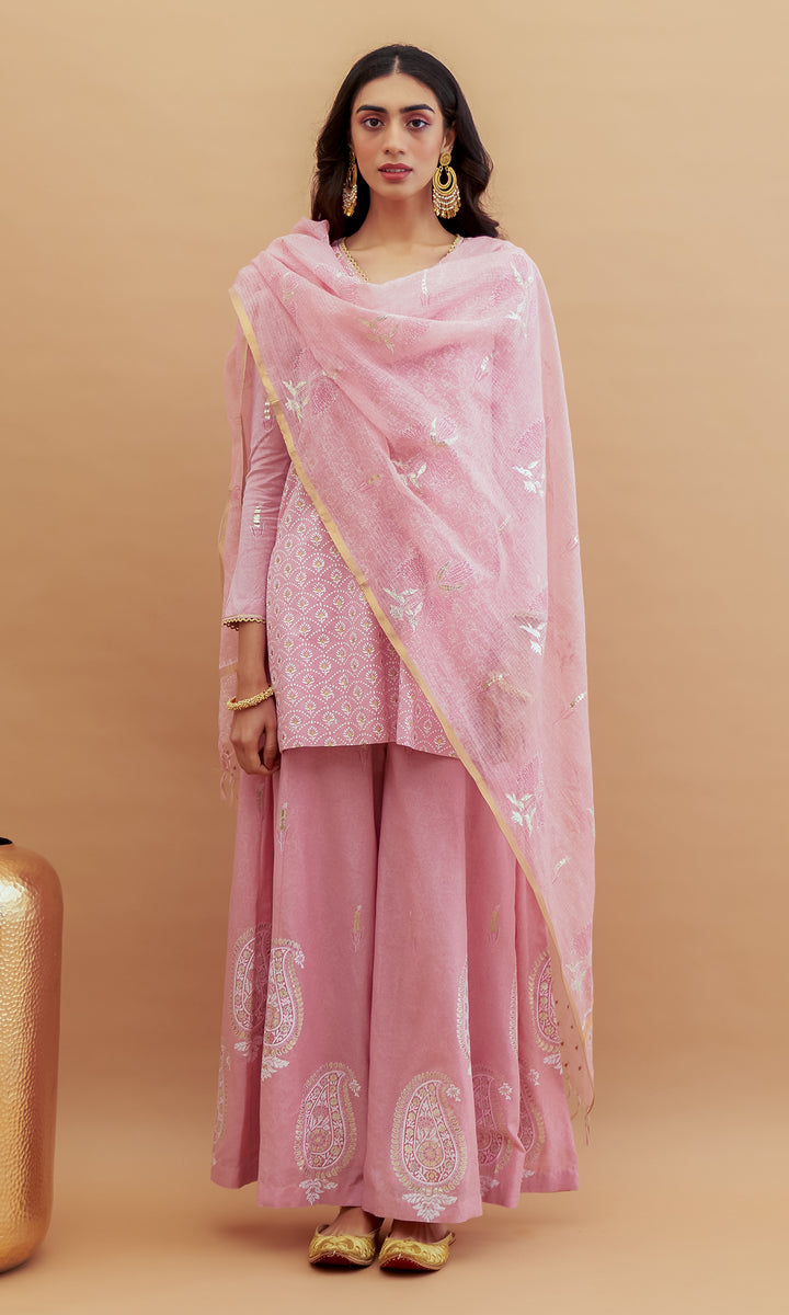 Rumi foils - Dusty Pink block printed kurta with sharara and dupatta - set of 3