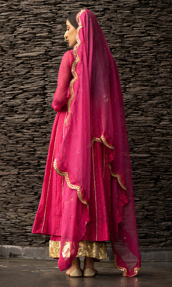 Ridhi Suri Jamaal Rani Pink Mukaish Chanderi Anarkali with Palazzo and Organza Dupatta- Set of 3