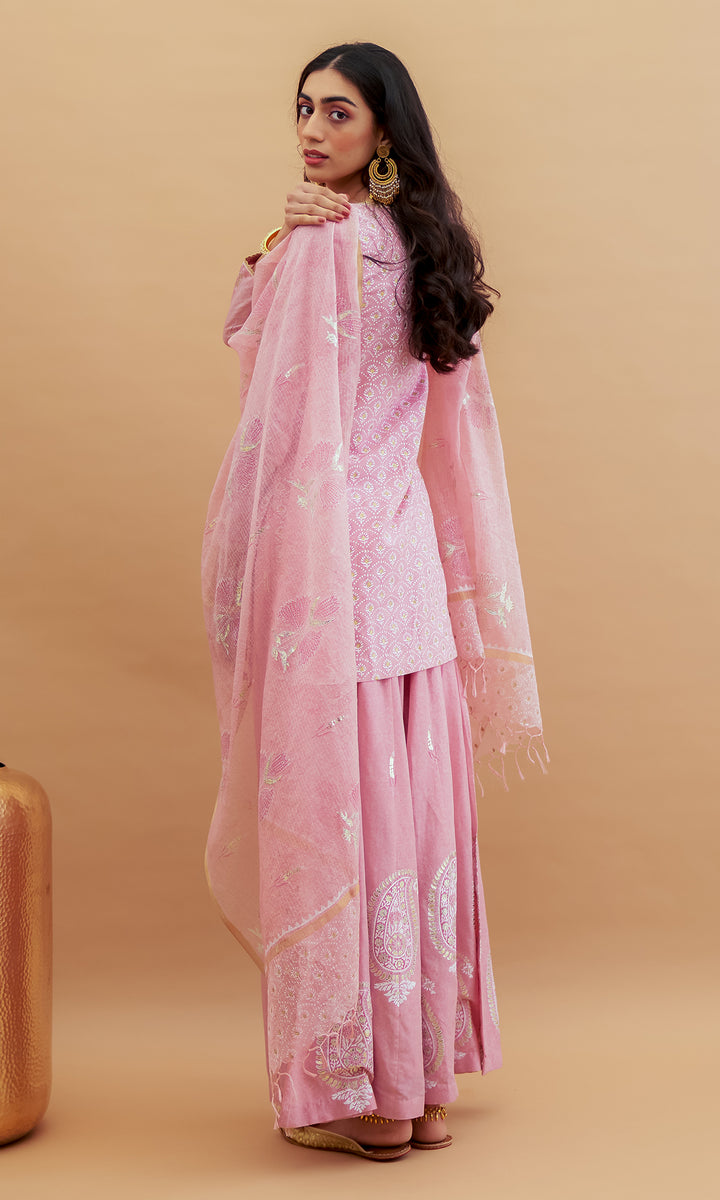 Rumi foils - Dusty Pink block printed kurta with sharara and dupatta - set of 3