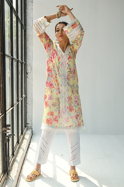 Ridhi Suri Hayat Yellow Floral printed Kurta with Diagonal Lace Pants - Set of 2