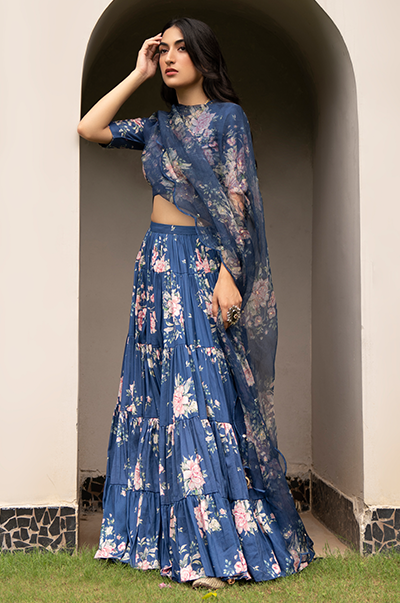 Ridhi Suri Falak Blue Floral print Gathered Lehenga with floral blouse and Dupatta- Set of 3