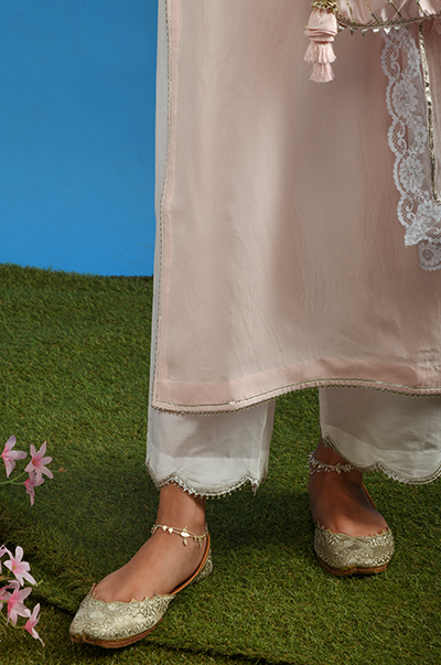 Ridhi Suri Resham Soft Pink potli with gota and organza flowers