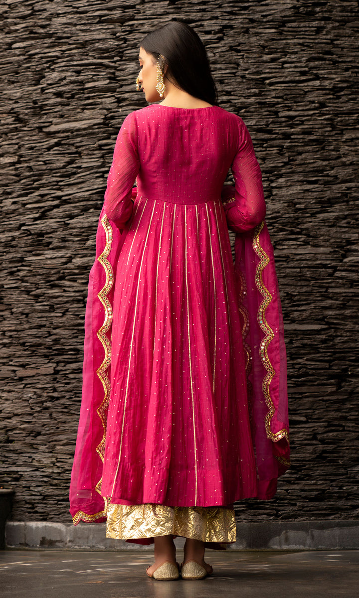 Ridhi Suri Jamaal Rani Pink Mukaish Chanderi Anarkali with Palazzo and Organza Dupatta- Set of 3