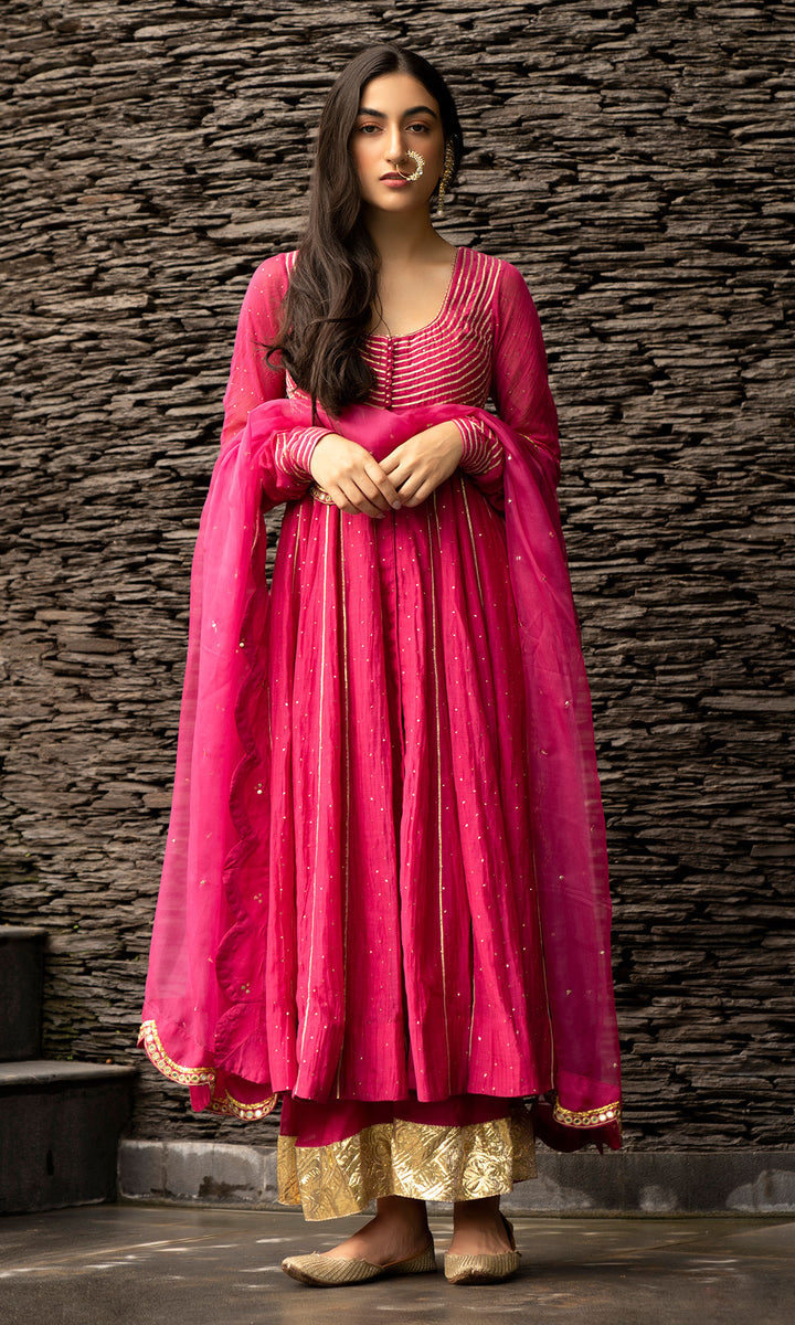 Ridhi Suri Jamaal Rani Pink Mukaish Chanderi Anarkali with Palazzo and Organza Dupatta- Set of 3