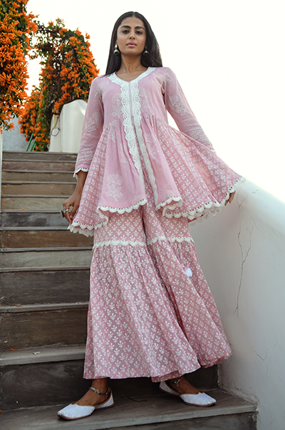 Ridhi Suri Jannat Old Rose Short Kurta with Gharara and Dupatta