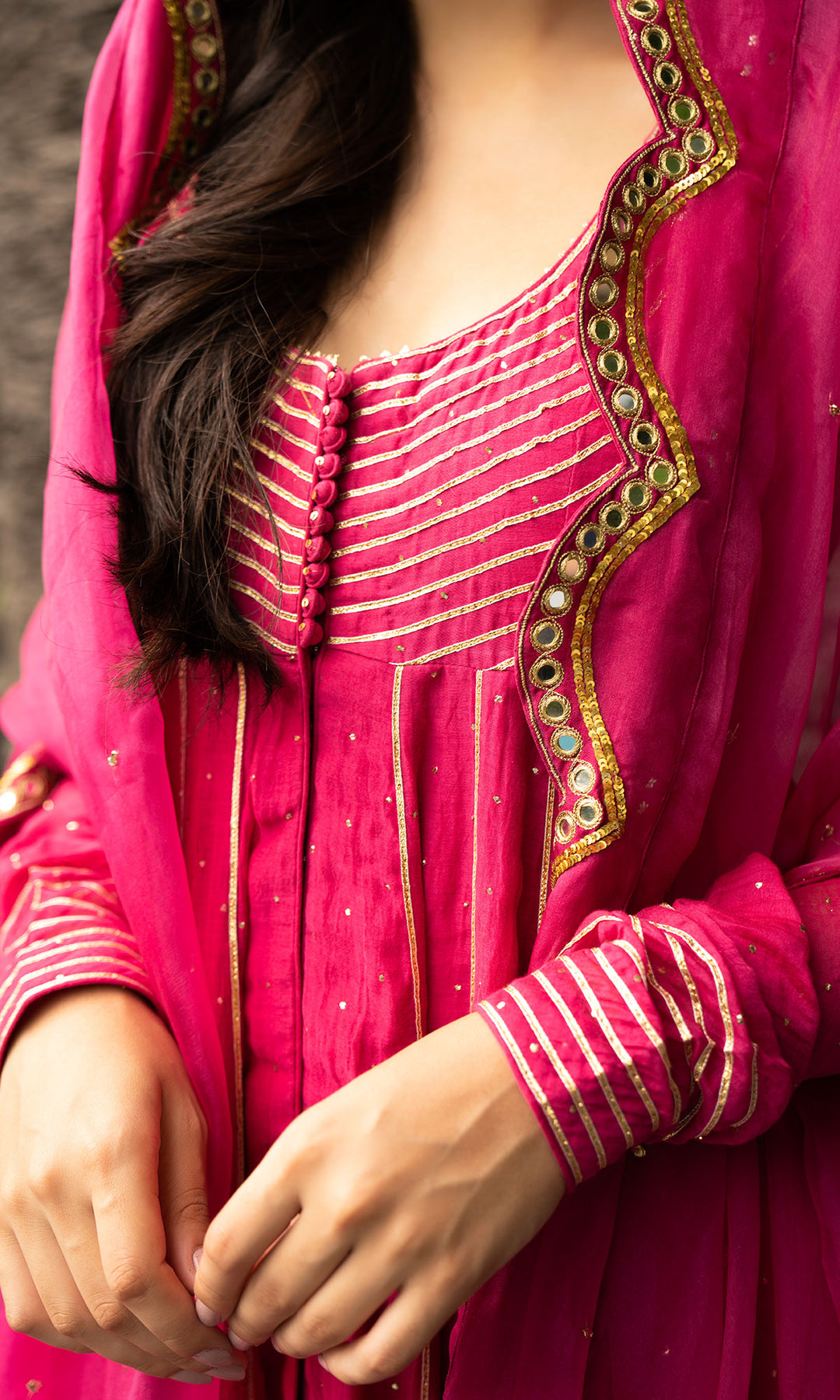 Ridhi Suri Jamaal Rani Pink Mukaish Chanderi Anarkali with Palazzo and Organza Dupatta- Set of 3