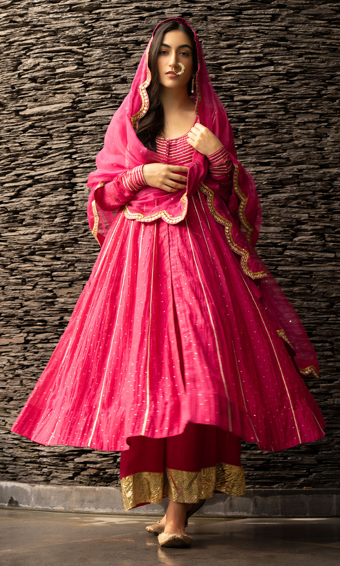 Ridhi Suri Jamaal Rani Pink Mukaish Chanderi Anarkali with Palazzo and Organza Dupatta- Set of 3