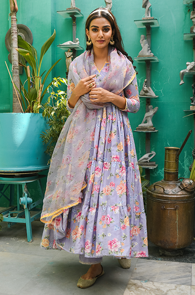 Ridhi Suri Phulwaari Lilac Floral printed Gathered Anarkali with pant and dupatta- set of 3