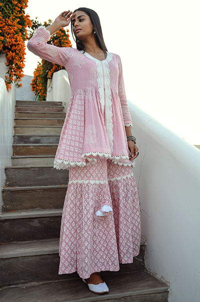 Ridhi Suri Jannat Old Rose Short Kurta with Gharara and Dupatta
