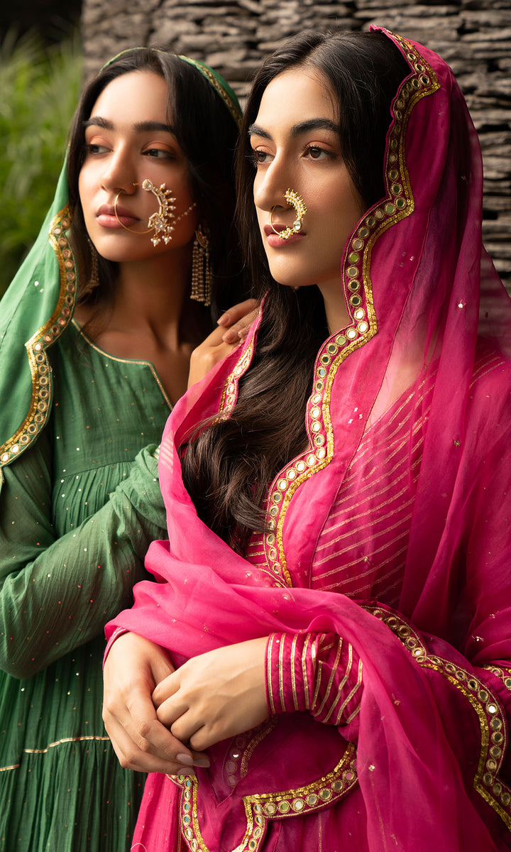 Ridhi Suri Jamaal Rani Pink Mukaish Chanderi Anarkali with Palazzo and Organza Dupatta- Set of 3