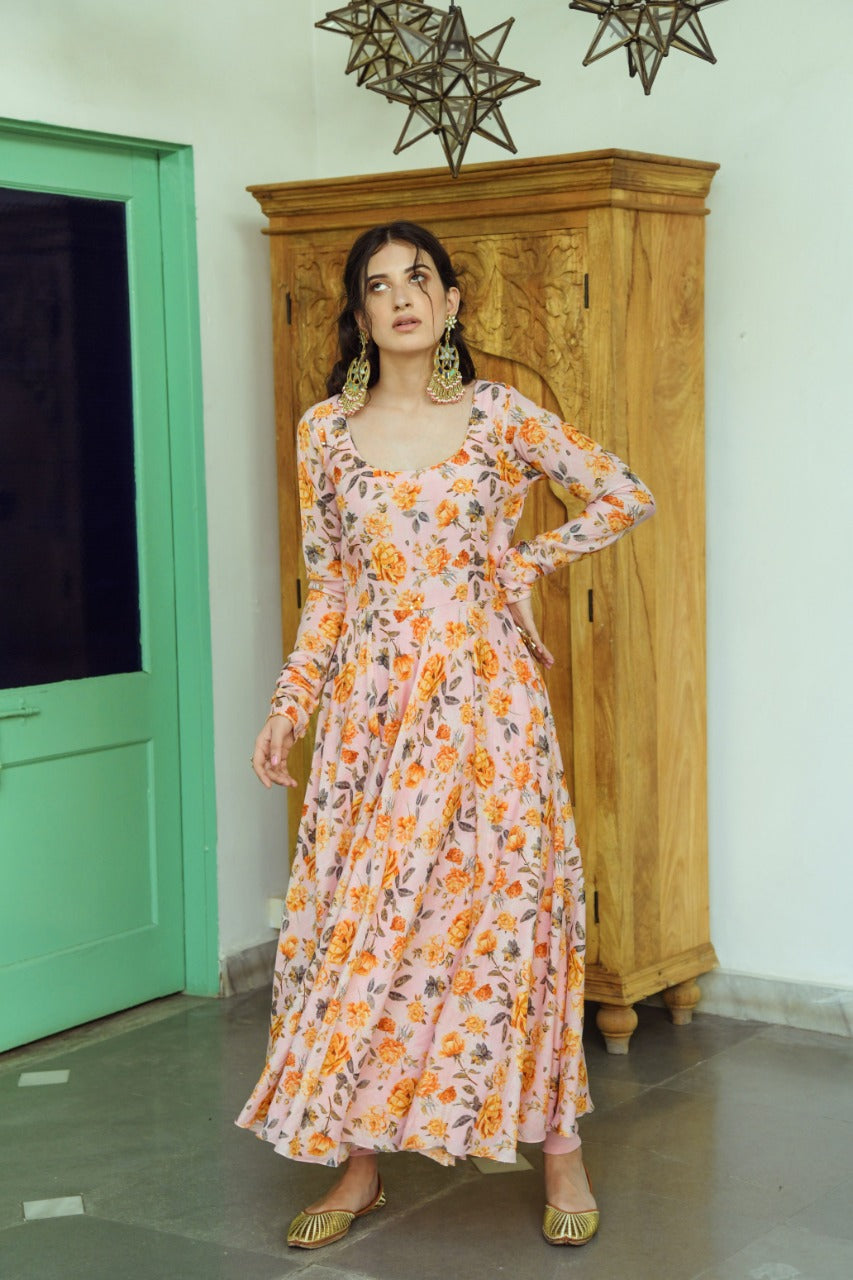 Ridhi Suri Bhanvara Peachy Pink  printed Anarkali with chooridar and dupatta- set of 3