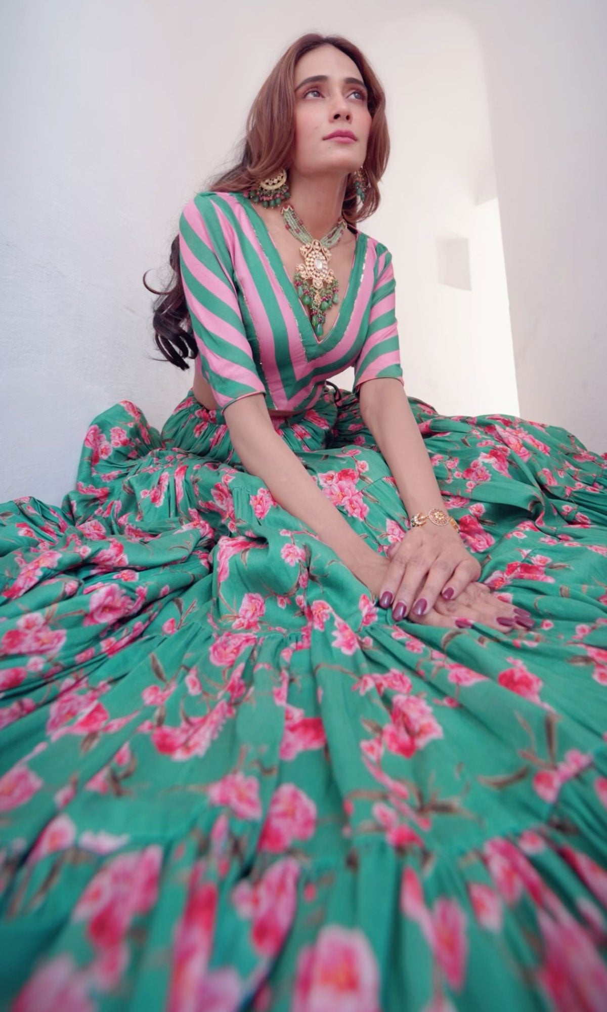 Tina Rathore in Falak Green Floral print Gathered Lehenga with stripe ...