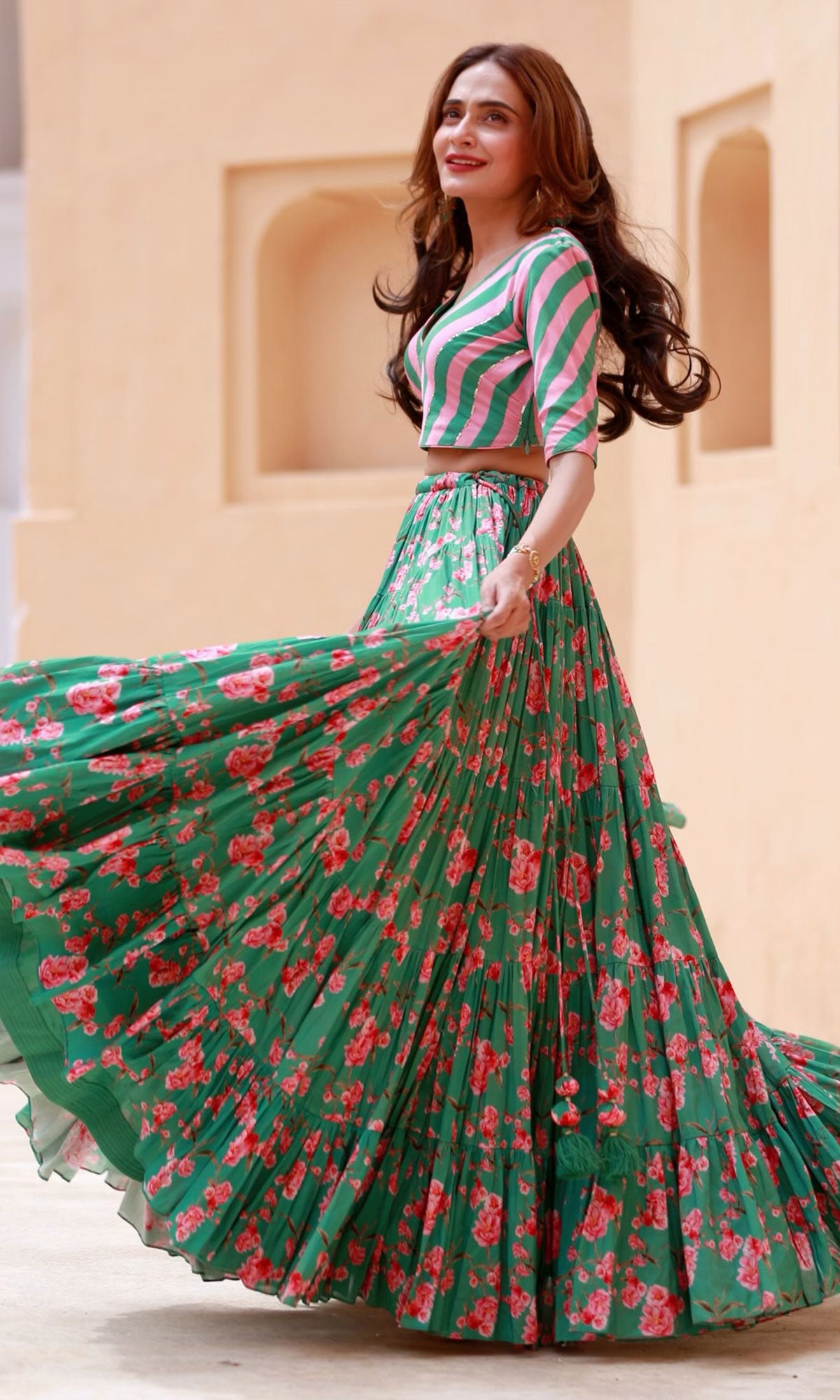 Tina Rathore in Falak Green Floral print Gathered Lehenga with stripe ...