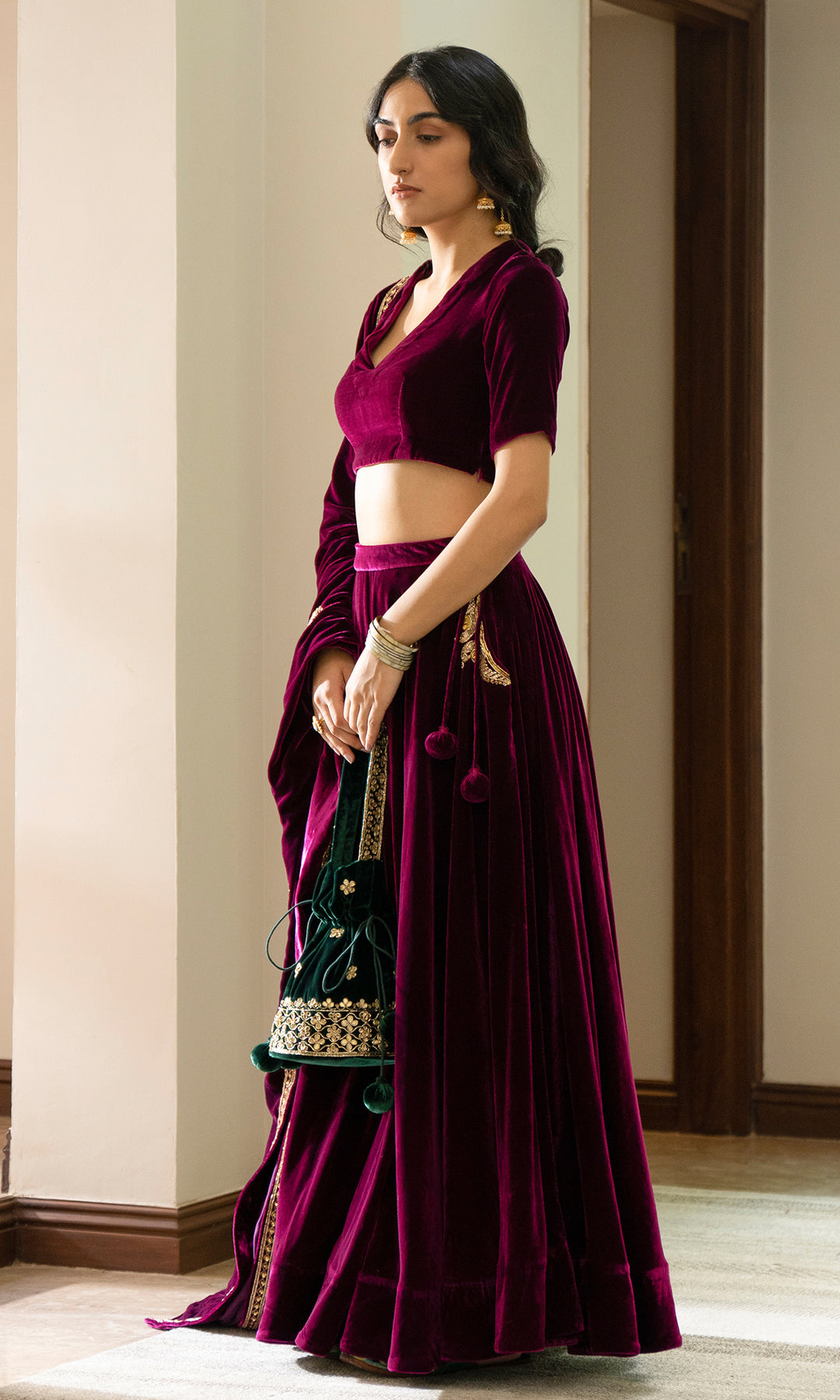 Bareen Embroidered Deep Orchid velvet Lehenga With Blouse Set