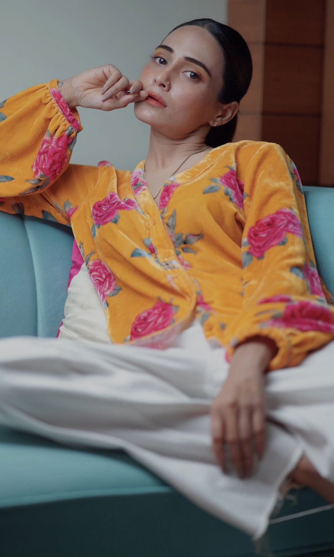 Tina Rathore in Mustard Floral Velvet Shirt – Ridhiiee Suuri