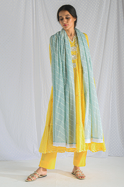 Ridhi Suri Chhaya Yellow Dot Printed Anarkali with Pant and Lehariya Dupatta- Set of 3
