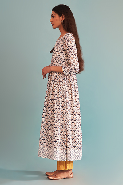 Ridhi Suri Just Cottons Block printed kali kurta with yellow striped pants