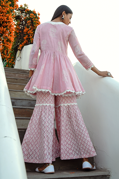 Ridhi Suri Jannat Old Rose Short Kurta with Gharara and Dupatta