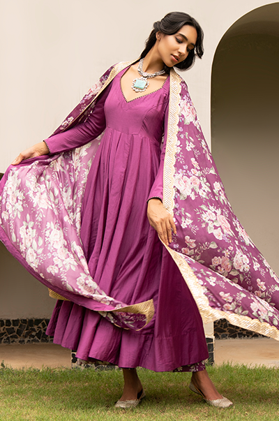Ridhi Suri Falak Purple Solid Anarkali with Palazzo and Dupatta- Set of 3