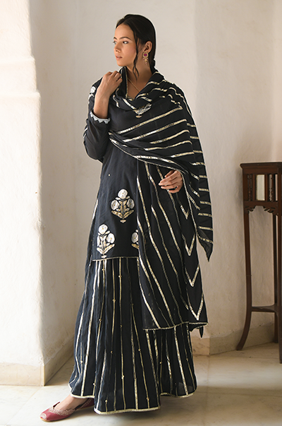 Ridhi Suri SE Black foil printed short kurta with flared sharara and dupatta -set of 3