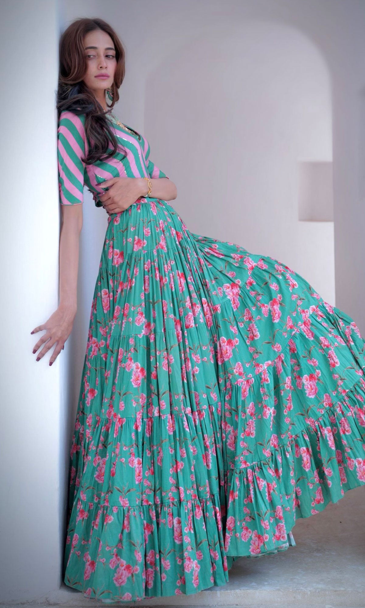Tina Rathore in Falak Green Floral print Gathered Lehenga with stripe ...