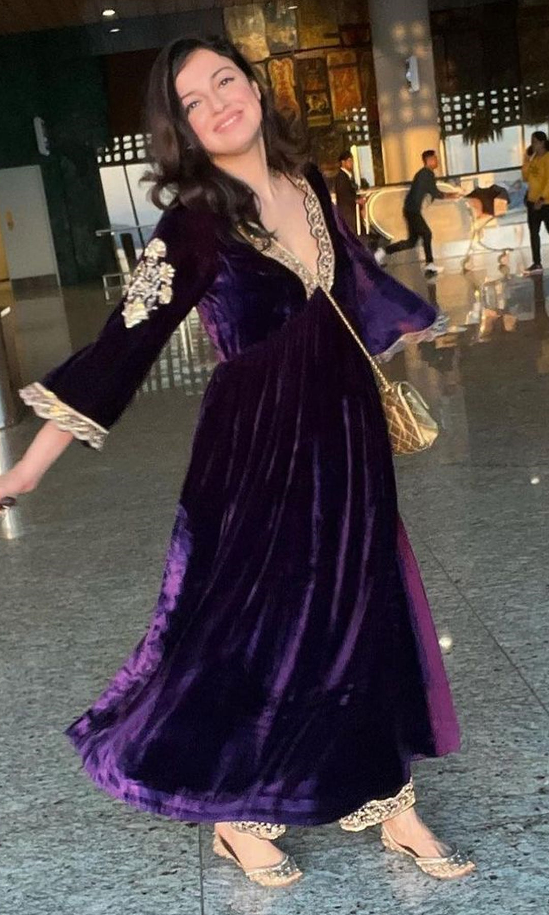 Divya Khosla Kumar in Khizaan Embroidered Purple V Neck velvet