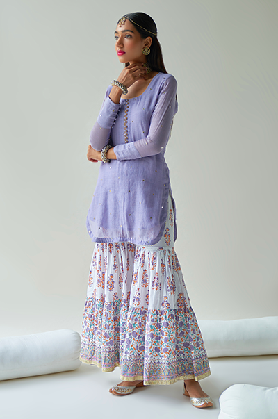 Ridhi Suri Chaand Lilac Kurta with jaal & booti block printed sharara and Dupatta- Set of 3