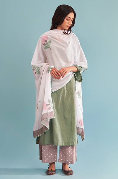 Ridhi Suri Just Cottons Sage Green kurta with Grey palazzo and Marigold dupatta