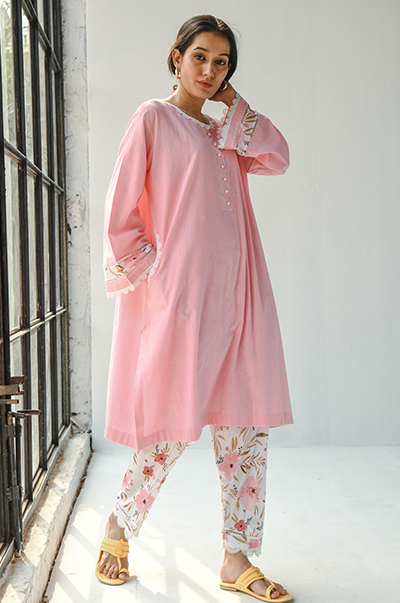 Ridhi Suri Hayat Soft Pink Choga with printed Salwar - Set of 2