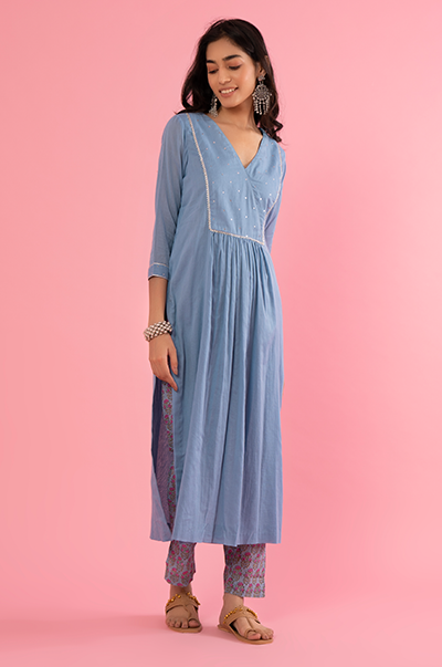 Ridhi Suri Kapaas (Blockprinted Cottons) Solid Blue Mukaish Kurta with hand block print Pants and Blue Printed Dupatta- Set of 3