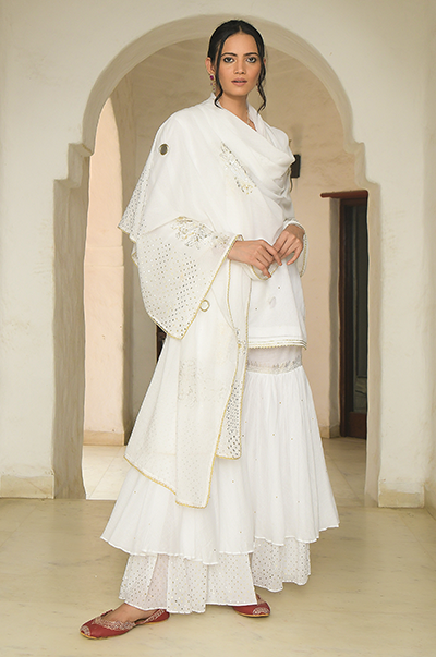 Ridhi Suri SE White short kurta with gharara and dupatta -set of 3