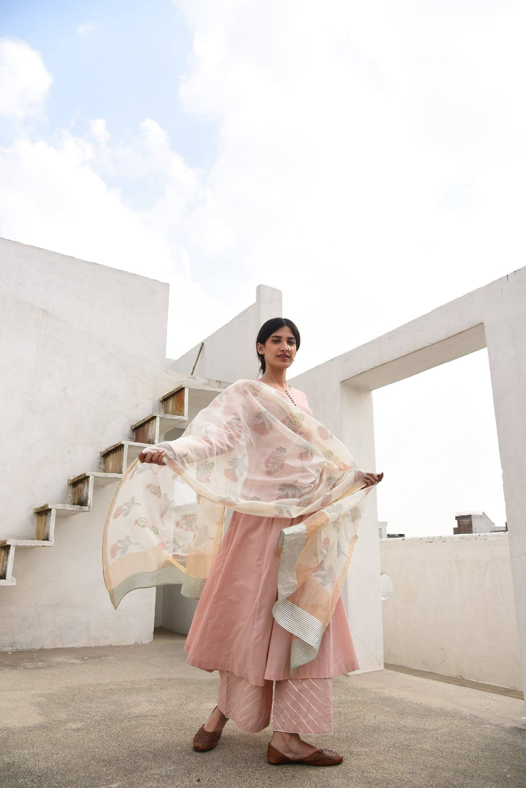 Pink Back Boota  Suit Set With Chanderi Dupatta