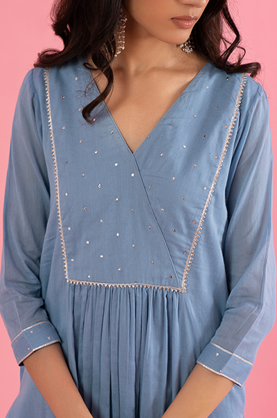 Ridhi Suri Kapaas (Blockprinted Cottons) Solid Blue Mukaish Kurta with hand block print Pants and Blue Printed Dupatta- Set of 3